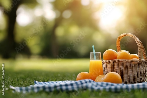 A refreshing picnic scene featuring oranges and juice on a sunny grassy area. photo