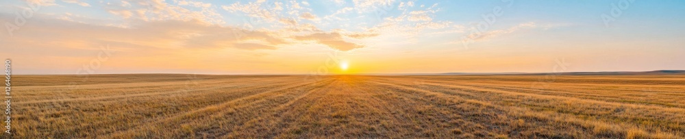 Fototapeta premium Golden Hour Solar Expansion Horizon View of Solar Farm on Agricultural Land - Sustainable Energy Transition Content for Modern Infrastructure and Eco-Friendly Development