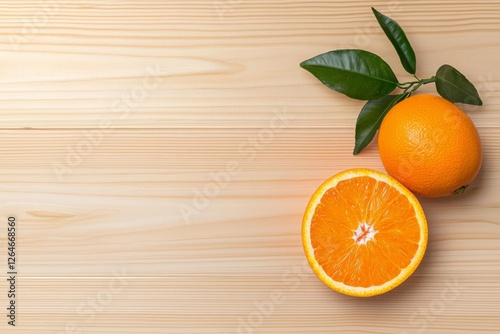 Fresh orange with green leaves on wooden table, half of orange placed beside whole fruit. photo