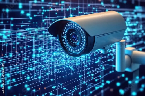 High-Tech Security Camera Monitoring Digital Data Streams with Futuristic Glowing Effects