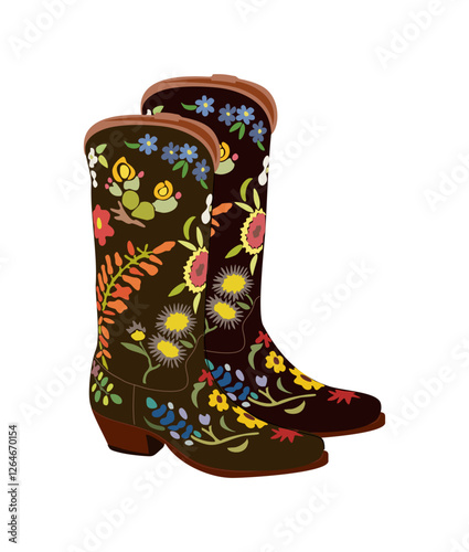 Western cowboy boots. Stylish decorative pair of cowgirl boots embroidered with traditional floral ornament. Hand drawn vector illustration isolated on transparent background.