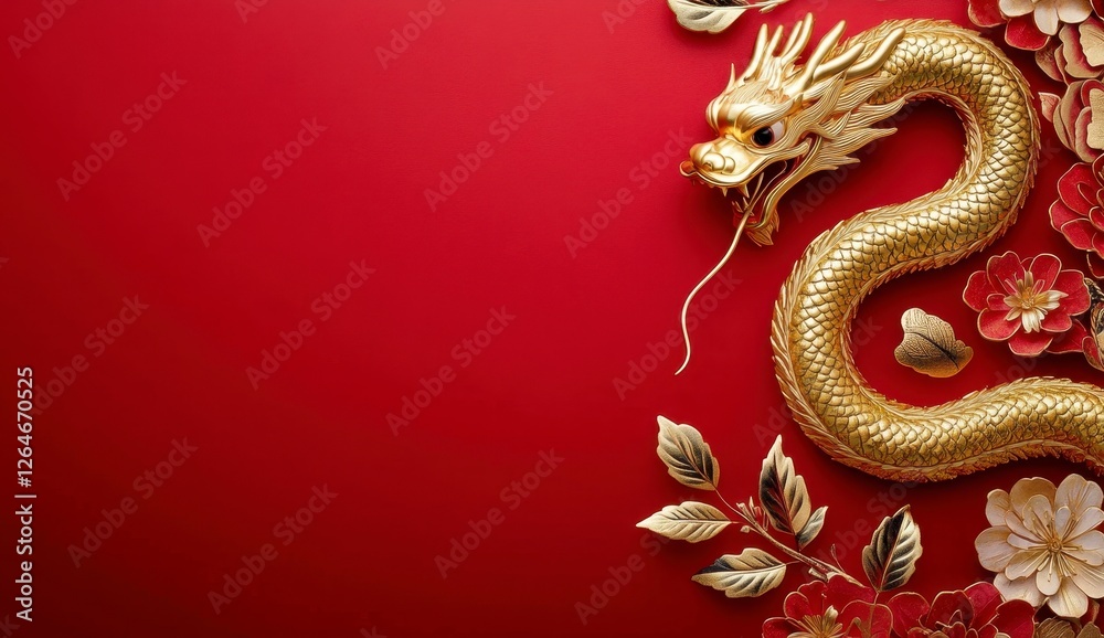 Fototapeta premium Gold Dragon Figurine Festive Red Background