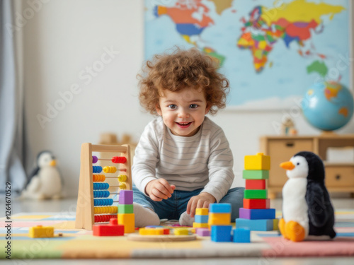 A curly-headed child plays educational games sitting on the floor of the room