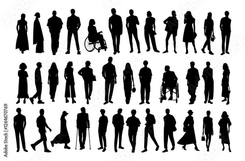 Silhouettes of diverse business people standing, walking, men, women full length, disabled persons sitting in wheelchair. Inclusive business concept. Vector illustration isolated