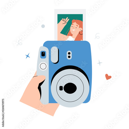 Instant Camera Printing A Photo In Flat Vector Illustration Symbolizing Photography, Memories, And Instant Picture Capture, Isolated On White Background.