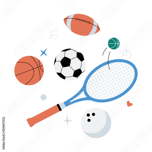 Sports Equipment Collection In Flat Vector Illustration Symbolizing Physical Activity, Fitness, And Athletics, Isolated On White Background