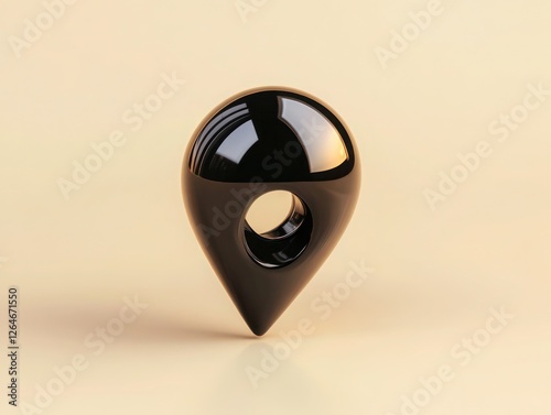 Shiny black location marker on a soft beige background realistic light reflection and smooth surface