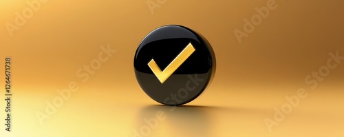 Shiny black tick icon against a smooth golden gradient backdrop captured in pristine