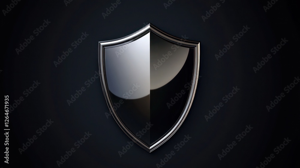 Shiny metallic 3D shield icon on solid black background glossy texture realistic look Shiny metallic 3D shield icon on solid black background glossy texture realistic look