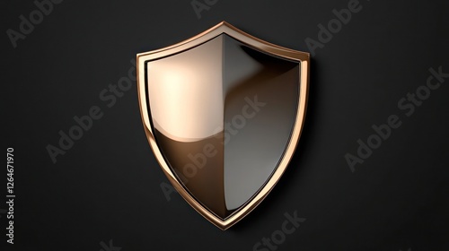 Shiny metallic 3D shield icon on solid black background glossy texture realistic look