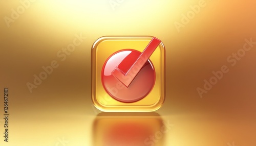 Shiny red tick icon against a golden yellow backdrop highly detailed