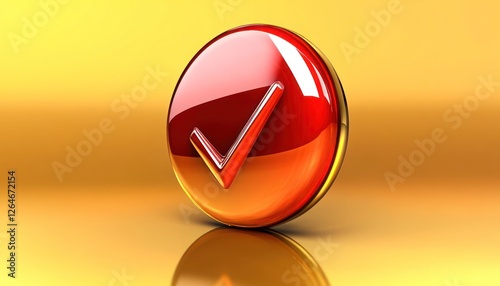 Shiny red tick icon against a golden yellow backdrop highly detailed