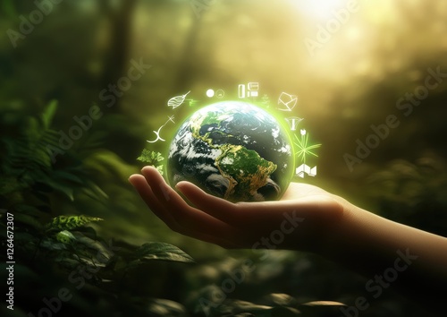 Hand holding Earth, nature background, glowing icons, environmental concept photo