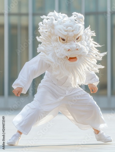 Contemporary Urban Festival Dynamic Lion Dance in Traditional Costume - Cultural Heritage Content and Event Marketing for Modern City Celebrations photo