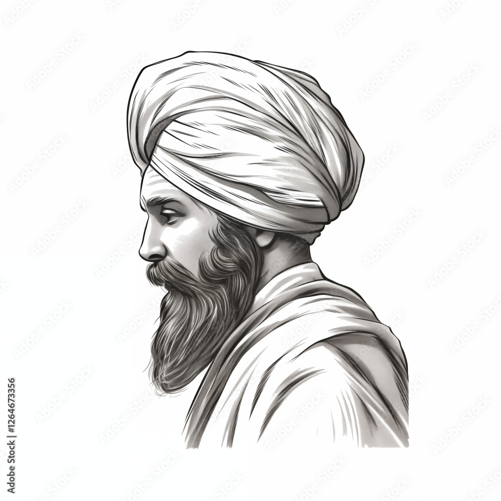 A man with a beard and a turban, side view, badge, black, black and white, sketch, picture, on a white background, image for printing on a T-shirt, signboard, without people A man with a beard and a turban, side view, badge, black, black and white, sketch, picture, on a white background, image for printing on a T-shirt, signboard, without people