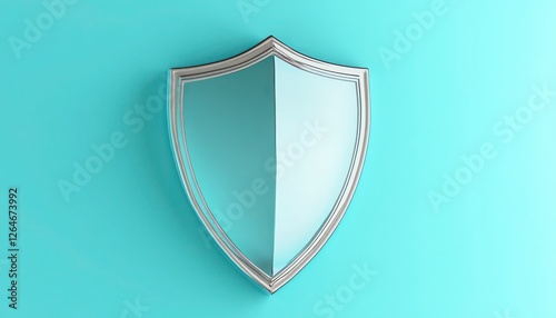 Silver-plated 3D shield on solid pastel blue background sleek and polished