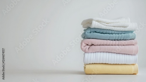 Stack of soft pastel-colored towels, neatly folded.