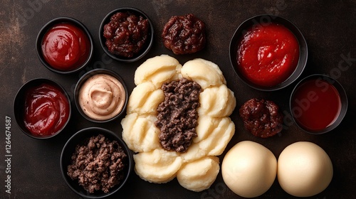 Mashed potato, meat, and sauces on dark background photo