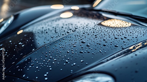 Close-up of Raindrops on a Glossy Black Car Hood Surface