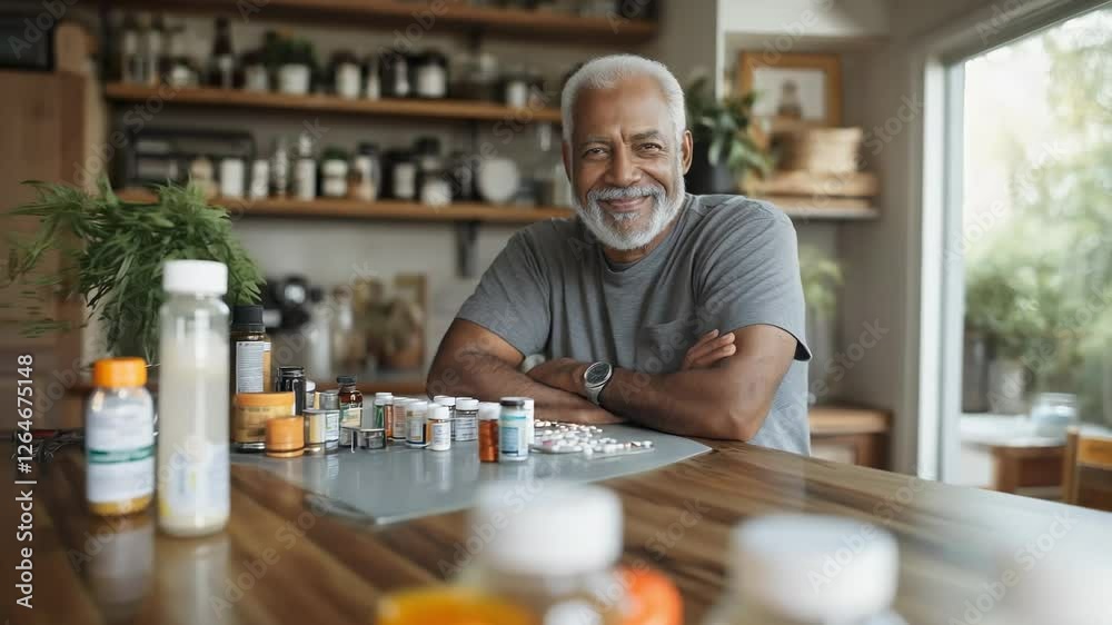 A friendly elder smiles warmly while discussing health and wellness. Shelves filled with herbs and supplements surround him, creating a tranquil atmosphere of knowledge and care.
