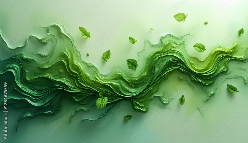 Floating Abstract Basil and Mint Leaves in Liquid Emerald and Sage Swirls Over a Textured Linen Canvas with Soft Blur Effects Floating Abstract Basil and Mint Leaves in Liquid Emerald and Sage Swirls Over a Textured Linen Canvas with Soft Blur Effects