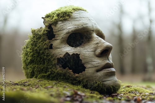 Unique sculpture of a moss-covered face partially emerging from the forest floor in a serene nature setting