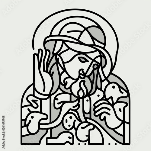 Yesu Jesus Saint Francis of Assisi: A stylized illustration depicting Saint Francis of Assisi, the patron saint of animals and the environment, surrounded by birds in a minimalist line art style.