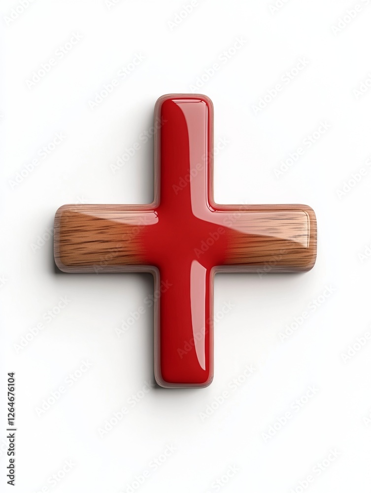 Obraz premium Contemporary Red and Wood Medical Cross on Pristine White Modern Healthcare Branding and Education Tool - Durable Design for Professional and Interactive Health Environments