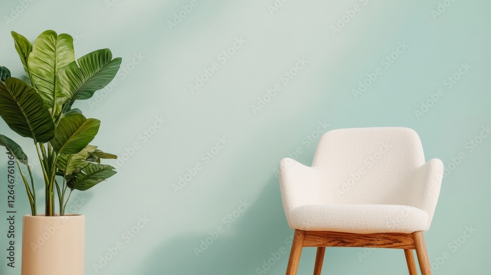 Fototapeta premium Mid-Century Modern Waiting Room White Textured Chair and Lush Greenery on Pastel Wall - Elevated Healthcare Branding and Tranquil Medical Office Design