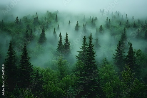 Misty Forest Landscape: Serene Nature Scenery for Tranquil Design and Wall Art photo