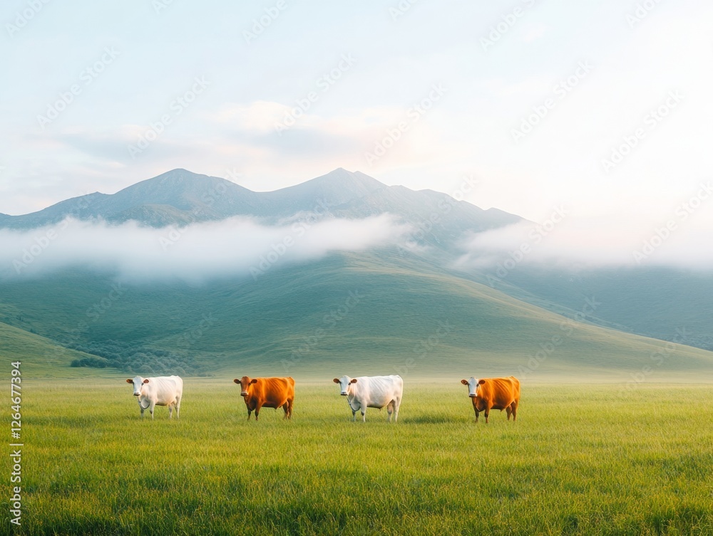 Tranquil Pastoral Landscape Grazing Dairy Cows in Verdant Meadow with Majestic Mountain Views - Eco-Friendly Farming Imagery for Sustainable Agriculture Promotions Tranquil Pastoral Landscape Grazing Dairy Cows in Verdant Meadow with Majestic Mountain Views - Eco-Friendly Farming Imagery for Sustainable Agriculture Promotions
