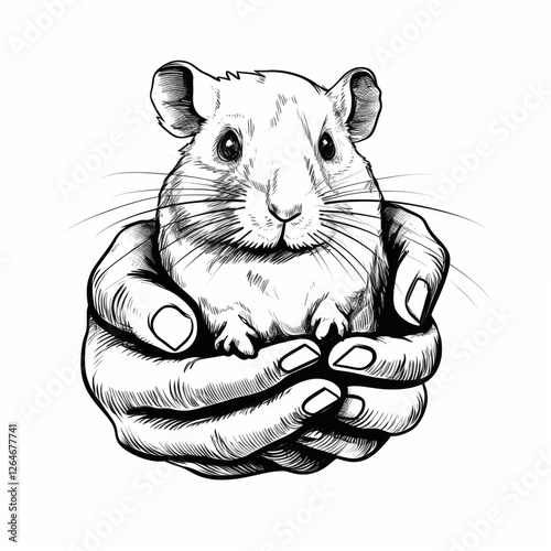 Dzungarian hamster in palms, front view, badge, simple black and white sketch, on a white background, picture, image, printable, on a T-shirt photo