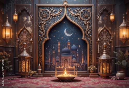 An atmospheric image dedicated to the Ramadan holiday, with conservative Islamic elements: lanterns, a mosque and a crescent moon. Symbolizes spirituality, unity and the holy month of Muslims