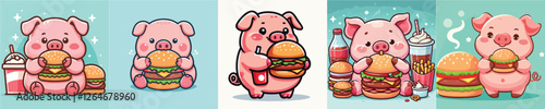 vector set of adorable pigs eating burgers