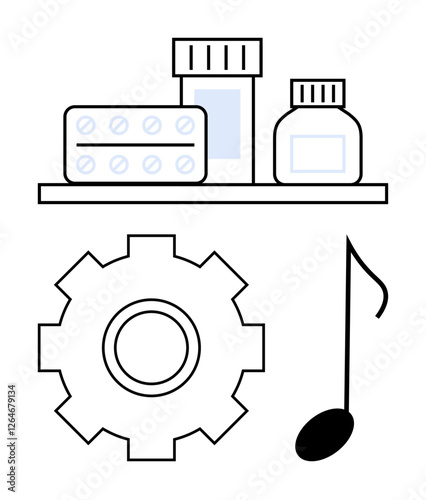 Medicine containers, tablets, gear, and musical note combine concepts of healthcare, creativity, and innovation. Ideal for wellness, productivity, self-care science duality balance abstract line