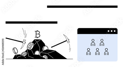 Pickaxes breaking rocks to mine Bitcoin coins with blockchain icon, beside a digital interface of users. Ideal for cryptocurrency, blockchain, mining, networking, decentralization, fintech, abstract