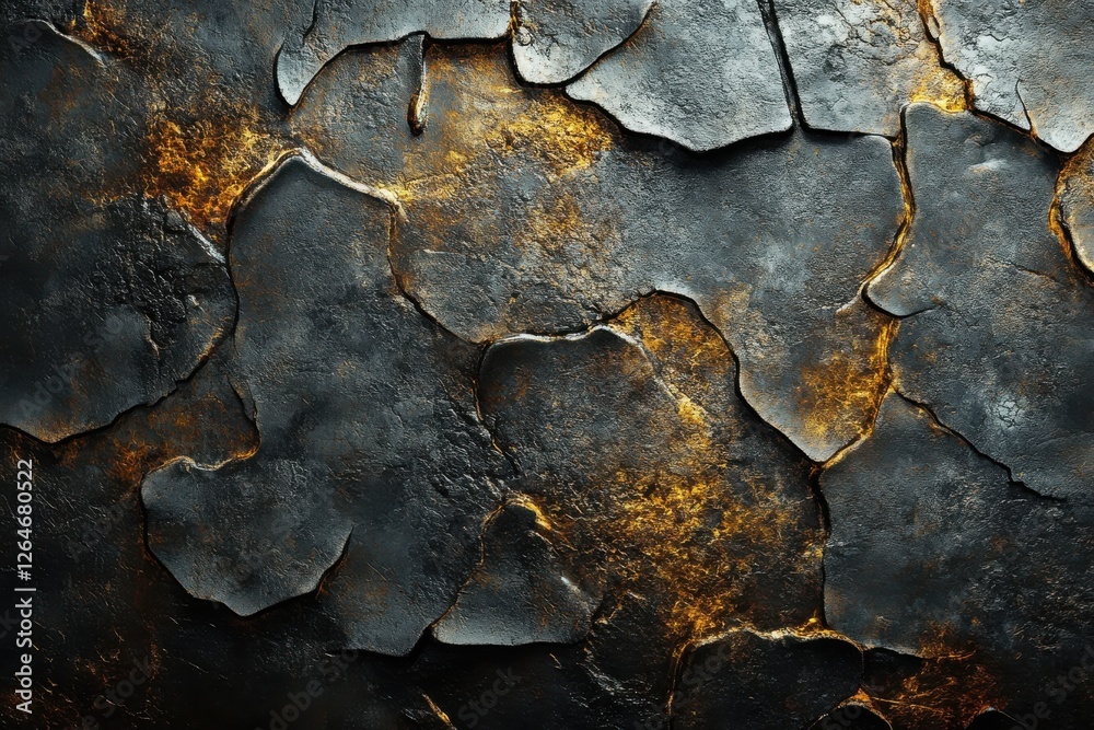 Fototapeta premium Dramatic Dark Texture with Golden Highlights in Cracked Surface for Artistic Background Use
