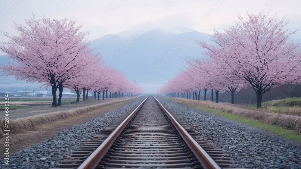 Fototapeta premium 日本の田園風景に続く桜並木と線路、ミニマルな美しさ