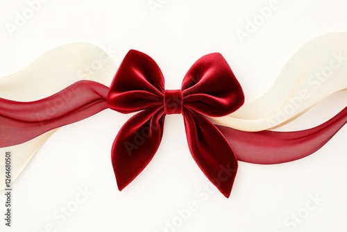 Elegant velvet gift bow in rich red color with flowing cream ribbon accents ideal for special occasions and gift wrapping displays