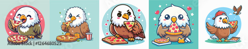 vector set of adorable eagles eating pizza