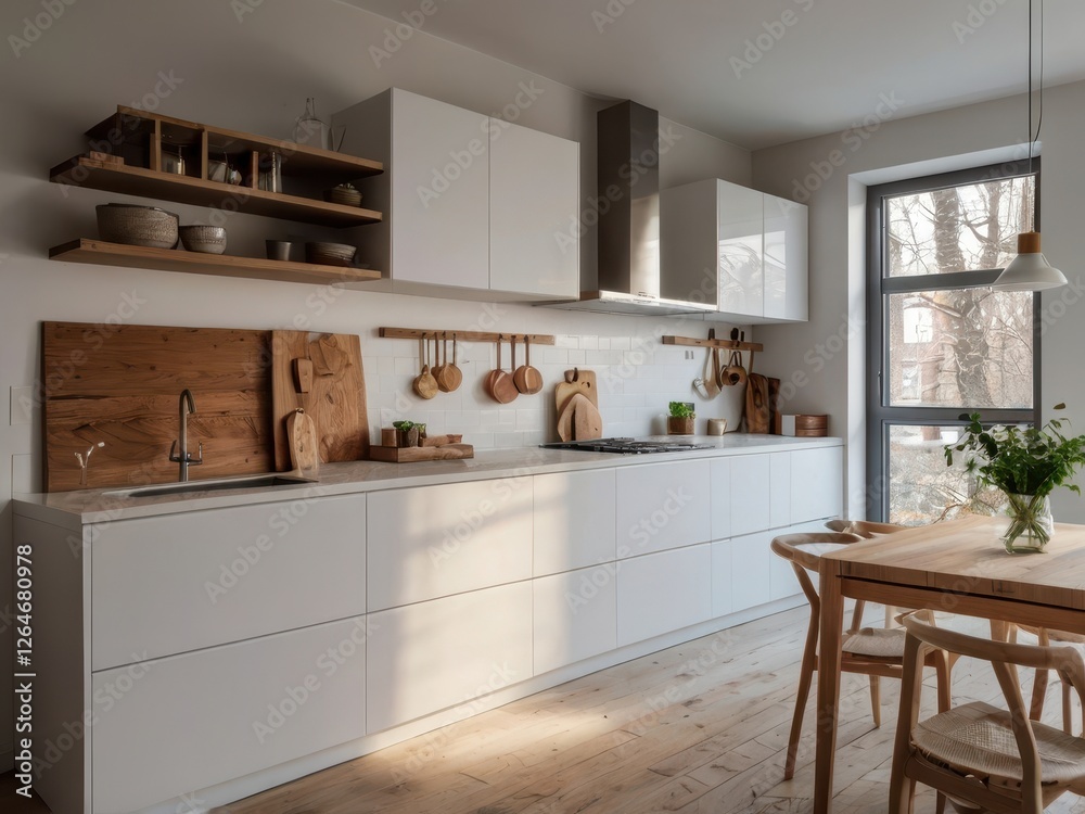 Fototapeta premium Modern kitchen showcases bright white cabinetry and wooden dining set