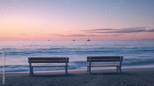 Tranquil Sunset at the Beach , Two Benches Facing the Serene Ocean