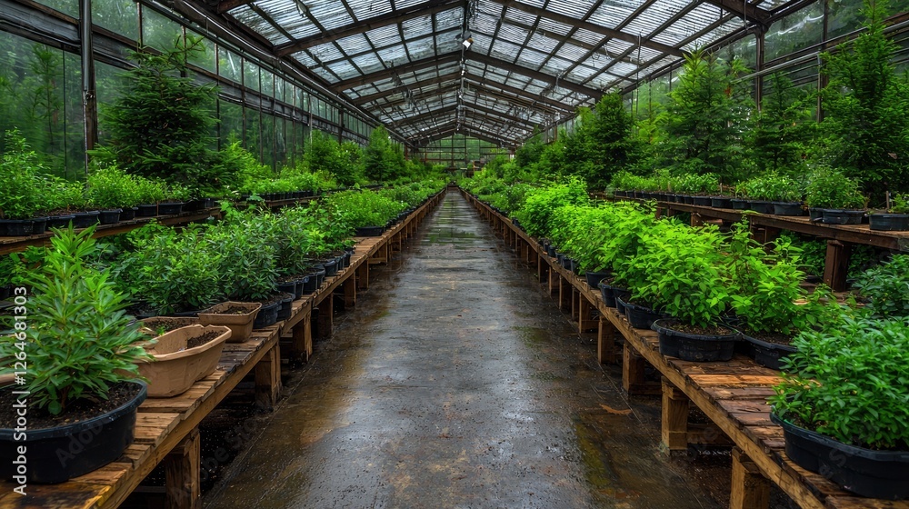 Greenhouse with rows of potted plants. Pathway through the center. Possible use Stock photo for gardening, nature, plants, or nurseries Greenhouse with rows of potted plants. Pathway through the center. Possible use Stock photo for gardening, nature, plants, or nurseries