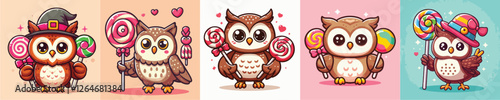 vector set of adorable owls holding lollipops