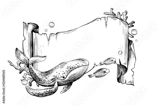 Paper banner scroll, in marine theme with underwater animals, whale, corals, fish and bubbles. Graphic illustration hand drawn in black ink. Template, frame, board EPS vector