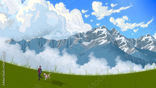 Young men and dog walking on the grass through the mountain