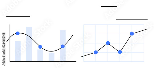 Bar chart with overlaid line graph and separate line graph with connecting data points. Ideal for analytics, performance trends, statistics, business, research, strategies, abstract line flat