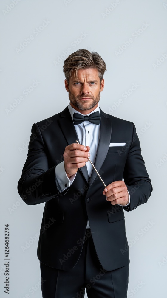 Serious male magician in a tuxedo performing with a magic wand on a plain white background Serious male magician in a tuxedo performing with a magic wand on a plain white background