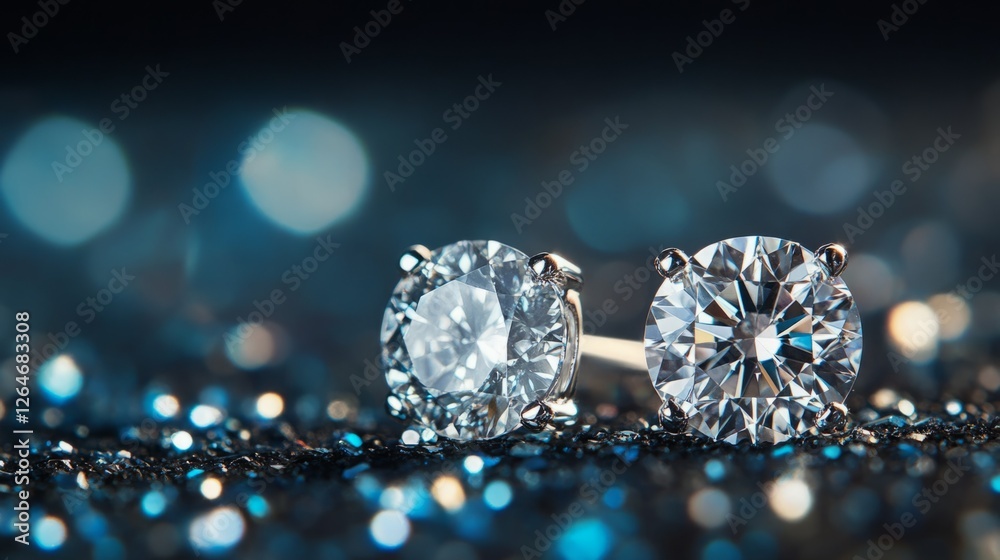 Dazzling diamond earrings sparkle against a shimmering blue background. Dazzling diamond earrings sparkle against a shimmering blue background.