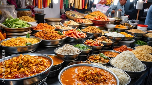 A variety of traditional Thai rice and curry dishes being sold at a bustling market in Bangkok, Thailand, assortment, local